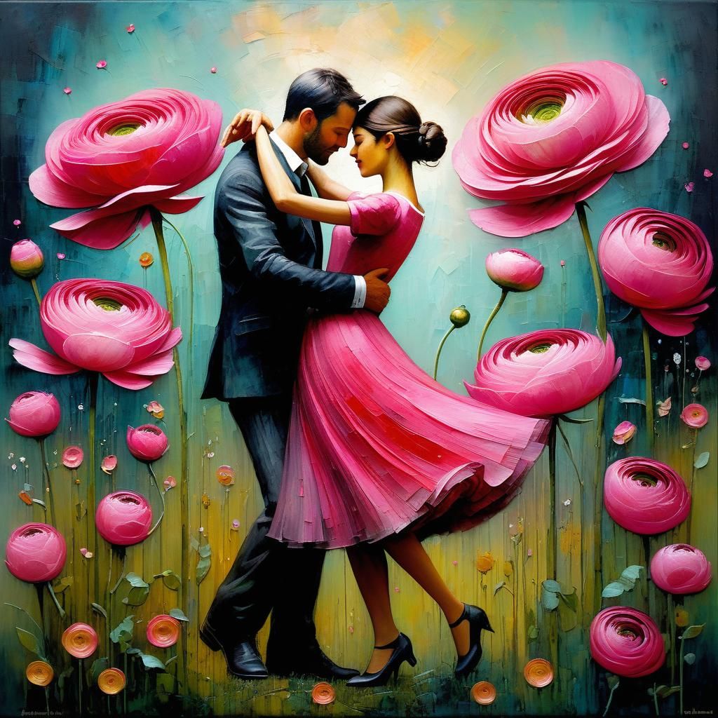 Romantic Couple Dancing Among Pink Ranunculus Flowers