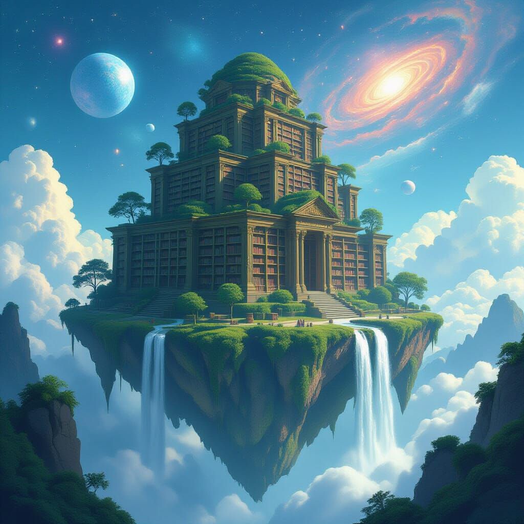 Ancient Library on Floating Island with Celestial Orbs