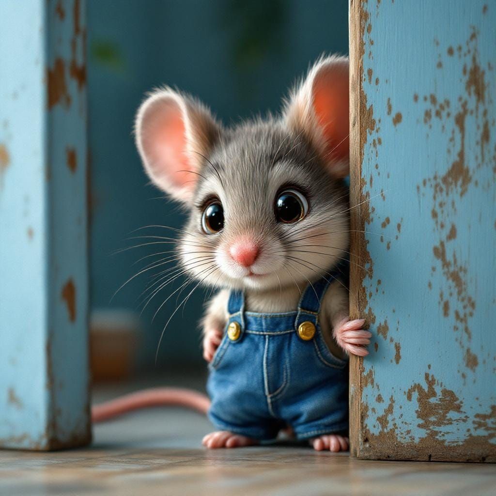 Adorable Shy Mouse Peeking in a Blue House
