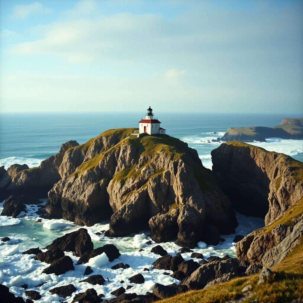 The isolation and cold nights of the lighthouse. Ravaged cliffs and icy water 

icy water on dark cliff rock. and cool, ...