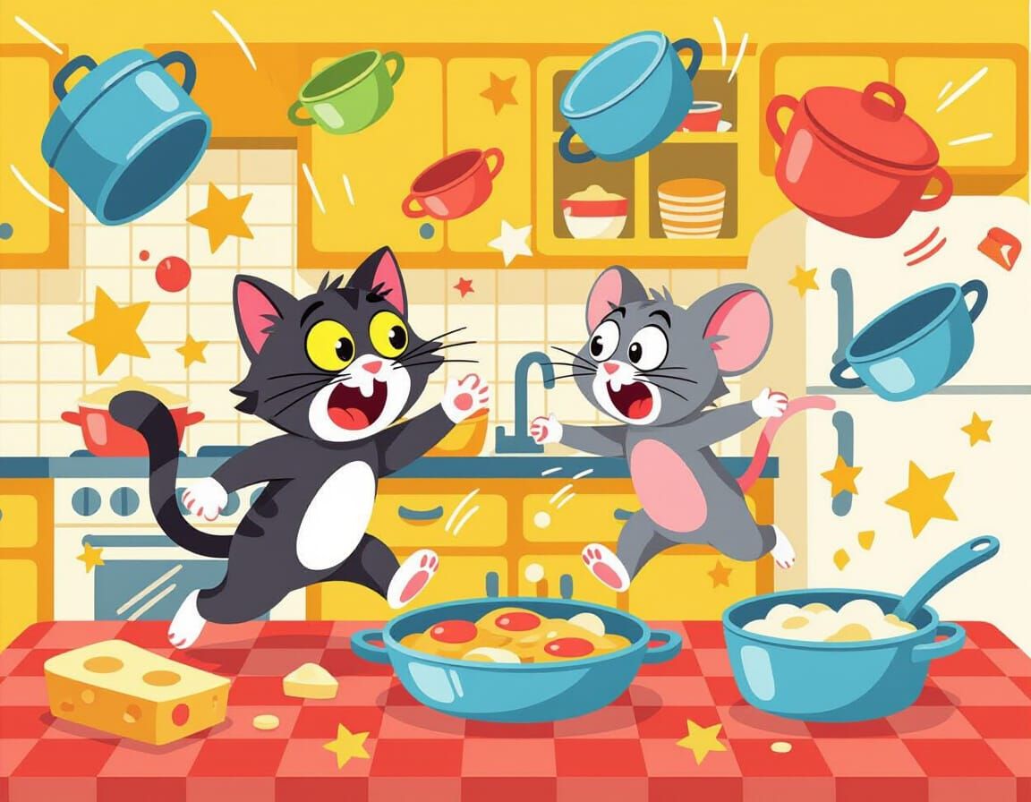 Comical Cat and Mouse Kitchen Chase in 2D Cartoon Style