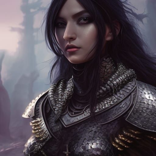 Black-Haired Woman in Chainmail Armor, Fantasy Art