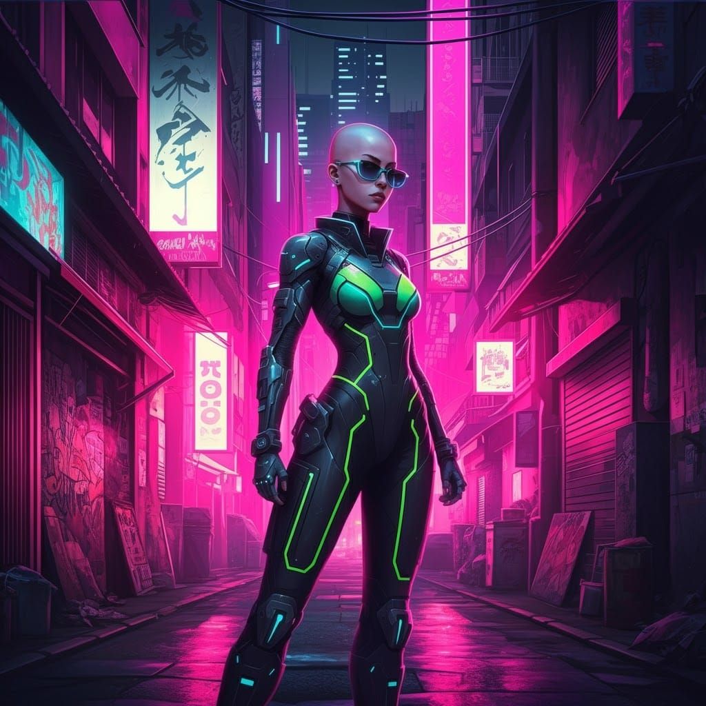 Comic book style, cyberpunk, cute girl, bald, headwrap, sung...