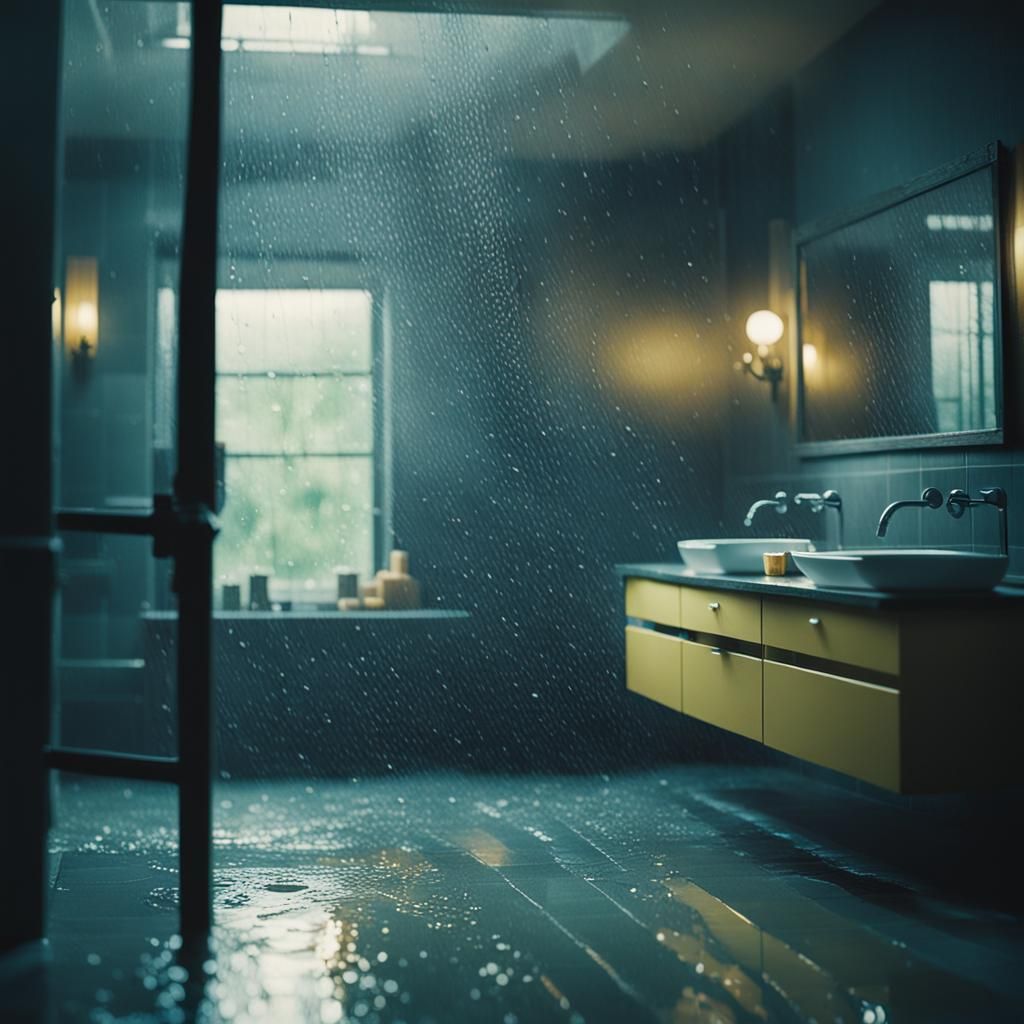 Dramatic Rain Inside Bathroom: Cinematic Film Still