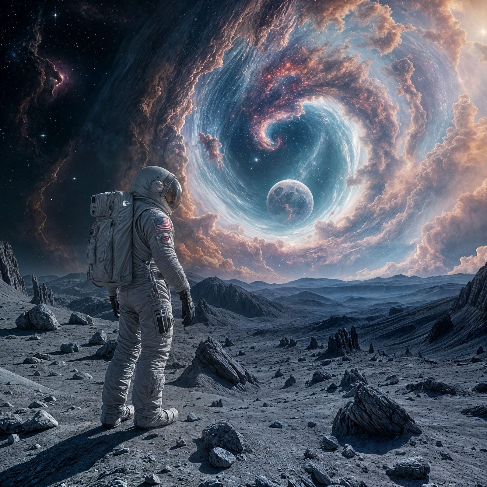 Astronaut Contemplates Nebula in Cosmic Horror Style