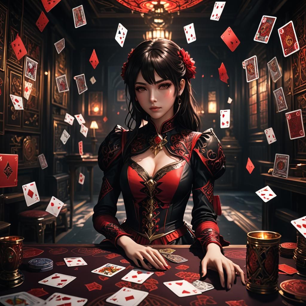 Anime Woman Surrounded by Playing Cards