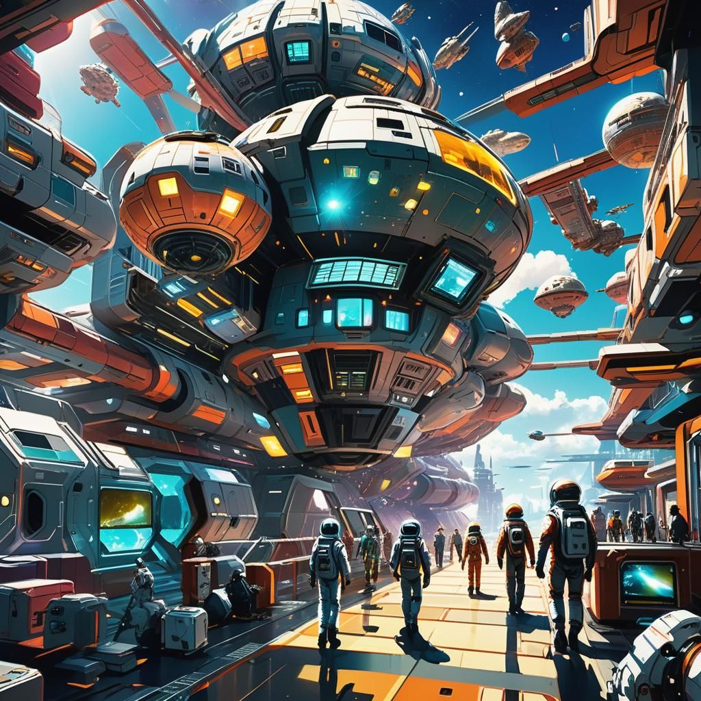 Manga-Style Space Colony with Spaceships in Orbit