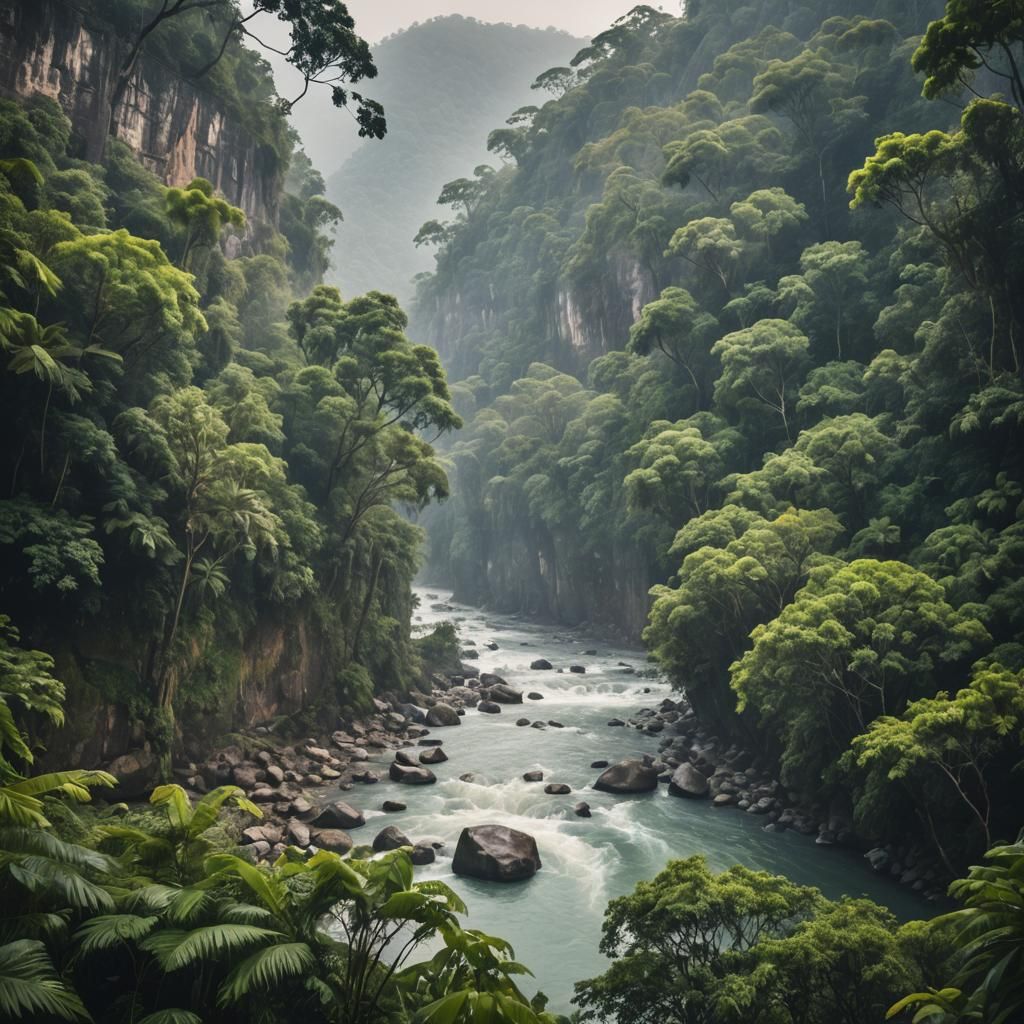 Misty Tropical River Gorge: Professional Photography
