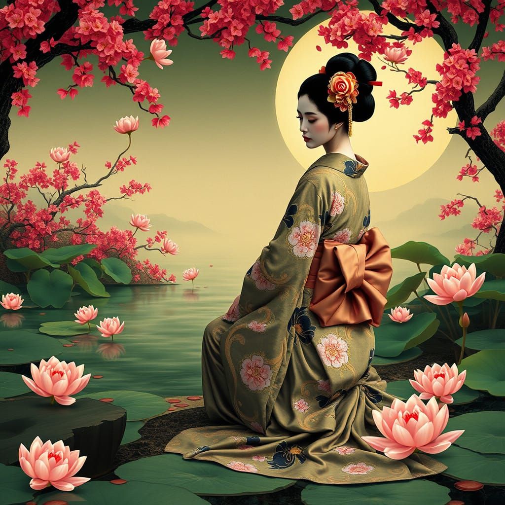 Ethereal Geisha by Tranquil Lotus Pond in Traditional Ukiyo-...