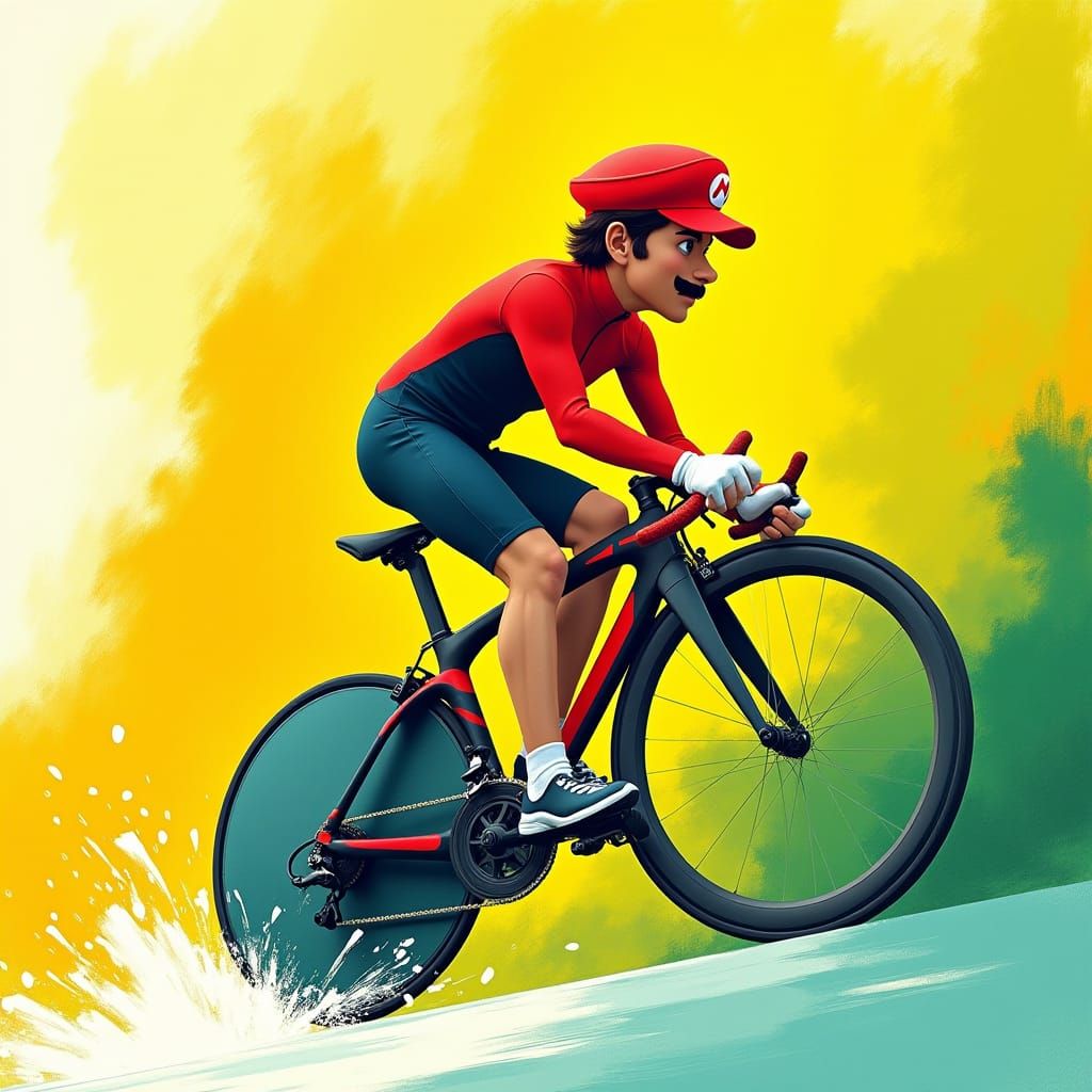 Mario Rides a Road Bike in Abstract Expressionist Style