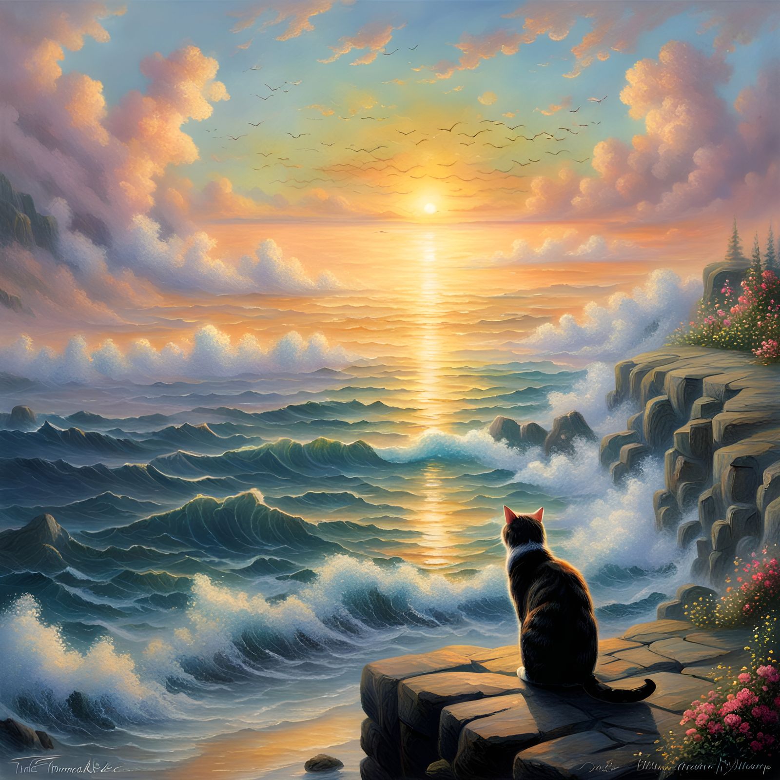 Ethereal Ocean Sunset Silhouette of a Cat