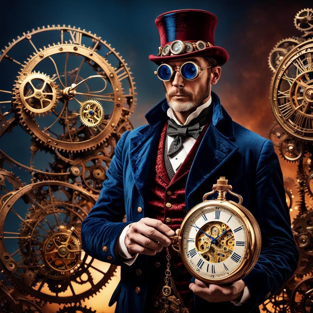 Steampunk Inventor with Mechanical Contraptions in Victorian...