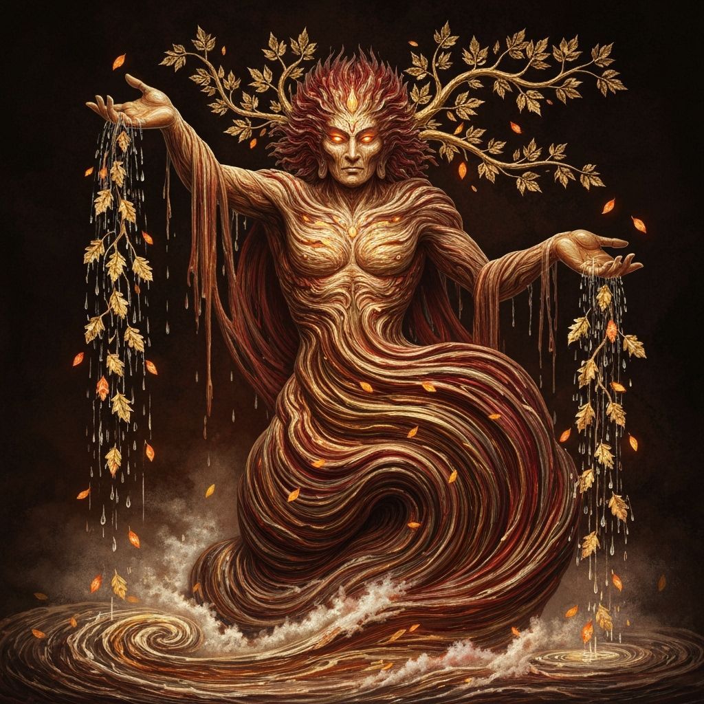 Autumn Waterfall Deity in Gustave Doré Engraving Style