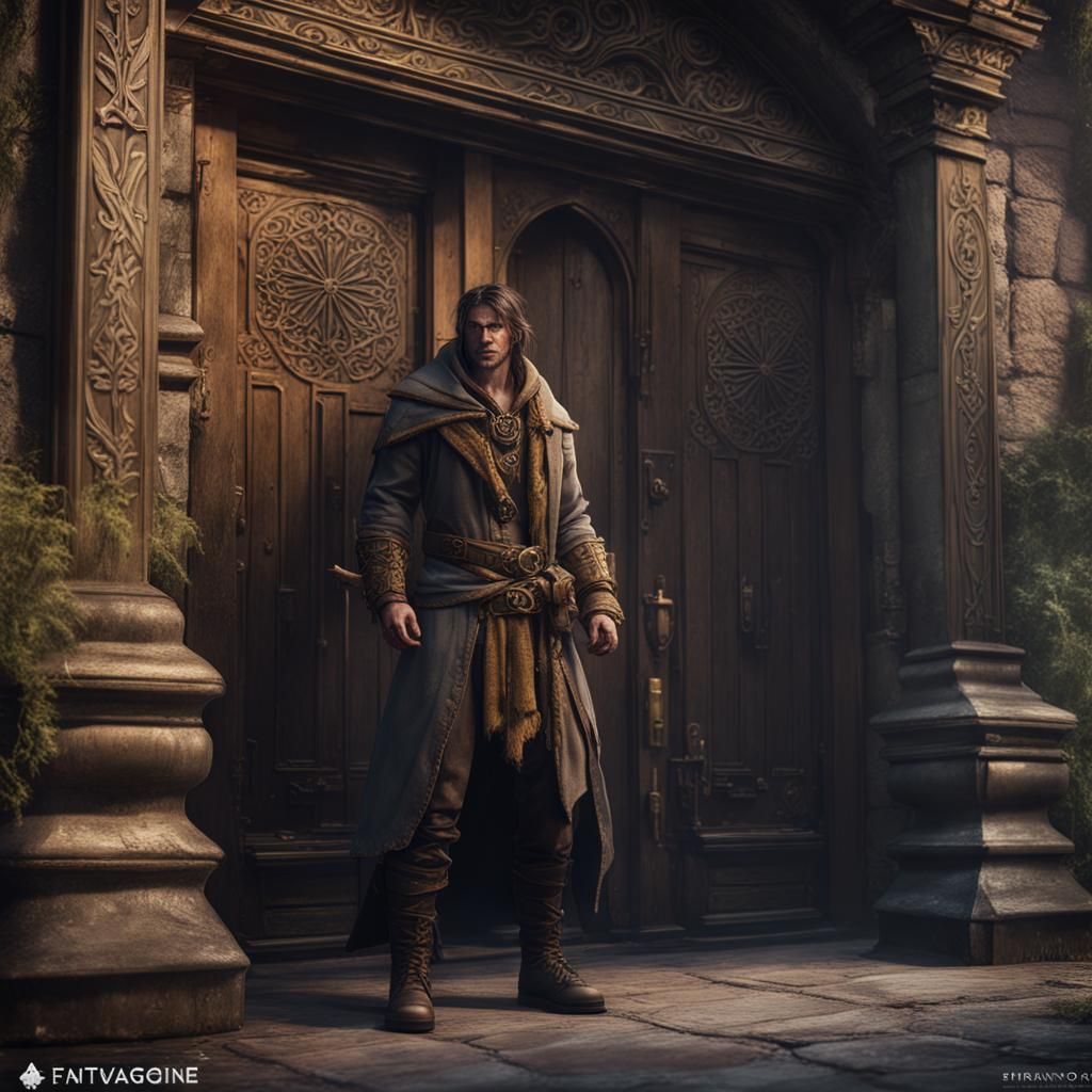 Fantasy Riverman Guarding Guild Doors