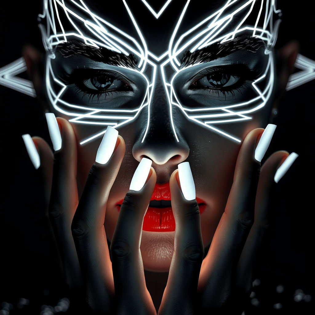 Monochrome Portrait with Geometric Facial Art