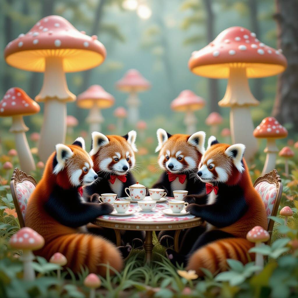 Red Pandas Enjoy Tea Party With Glowing Mushrooms