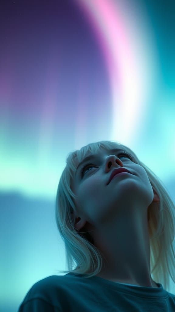 Woman Gazing at Aurora Borealis Under Ethereal Lights
