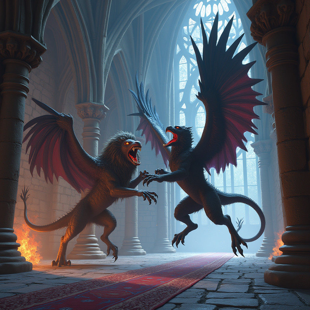 Chimera Battle in Ancient Castle, High-Fantasy Concept Art