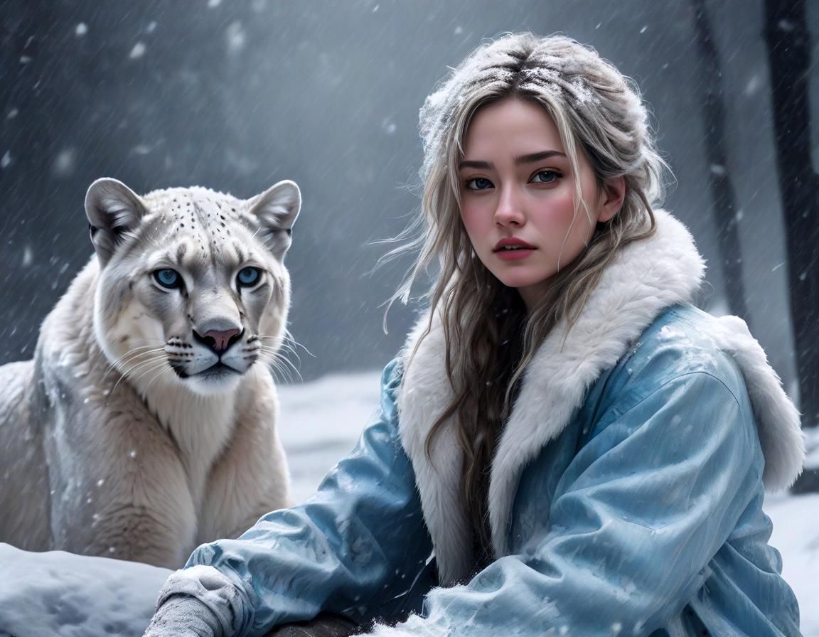 Snow Queen and Panther in Frozen Landscape