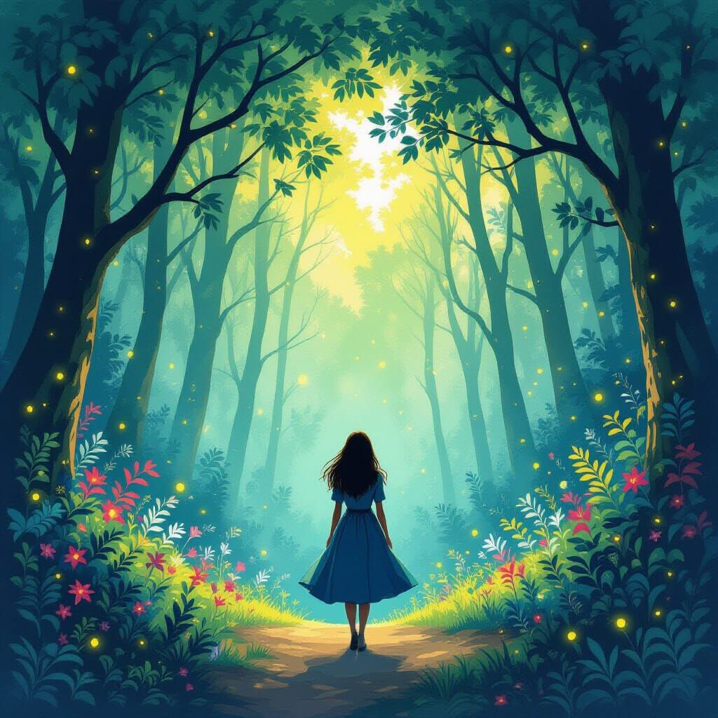 Mystical Forest Scene in Whimsical Digital Art
