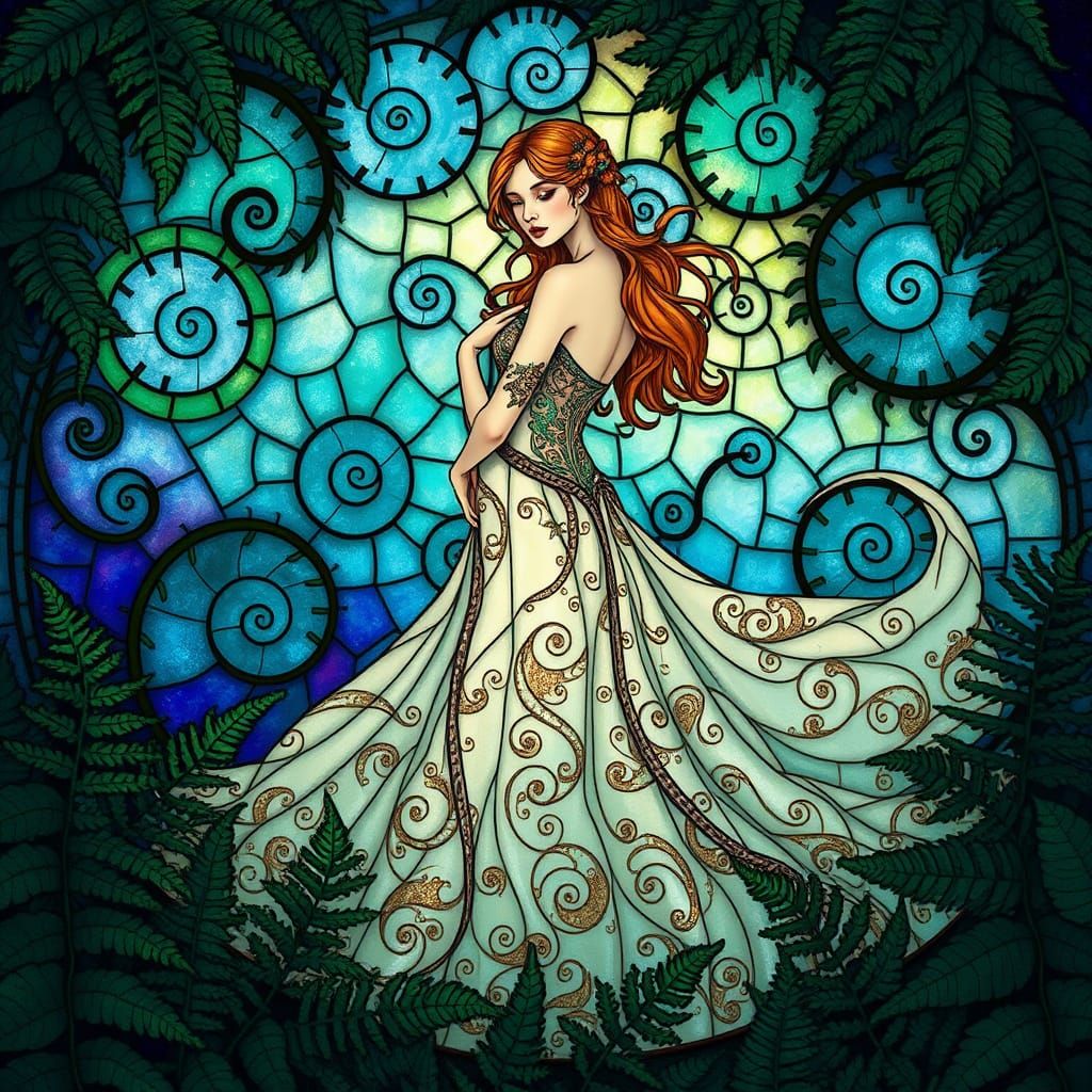 Stunning Art Nouveau Princess in a Kaleidoscope of Blues and...