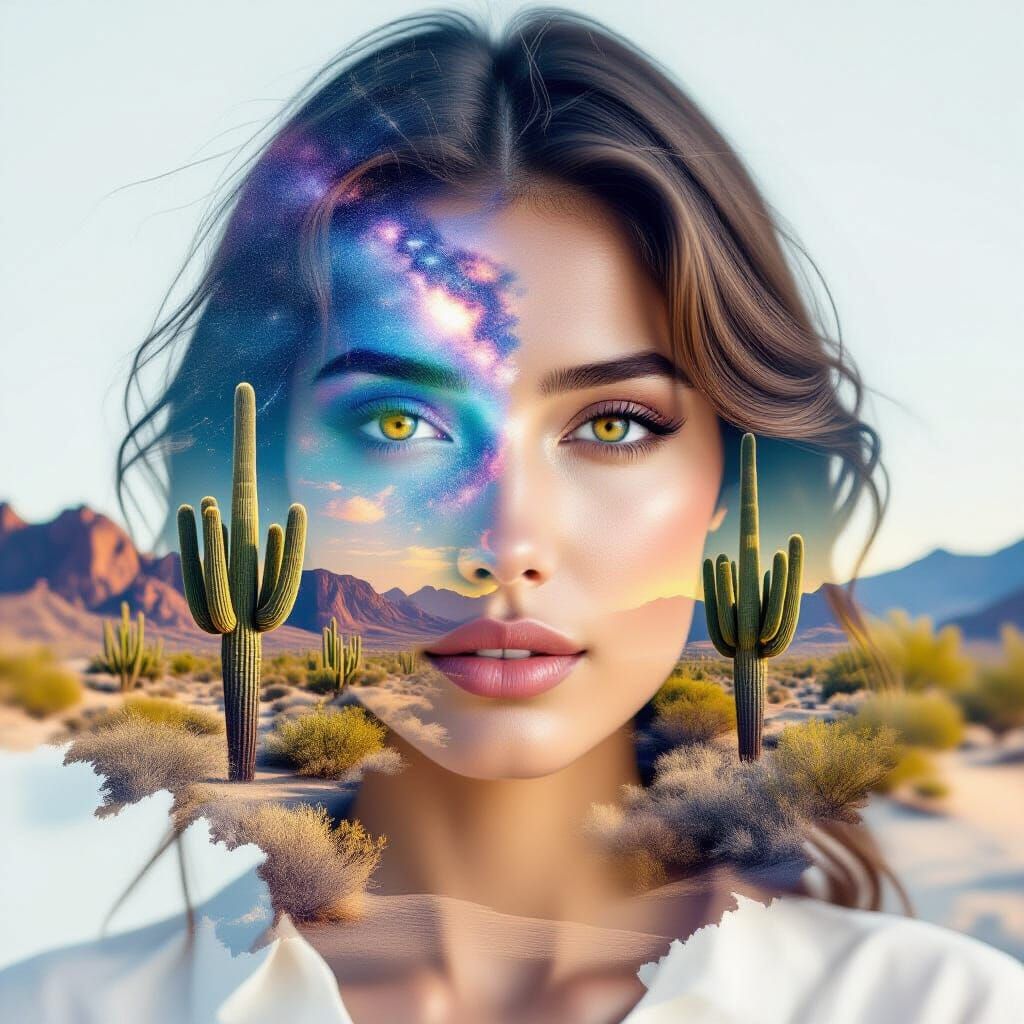 Surreal Desert Bloom Double Exposure Portrait