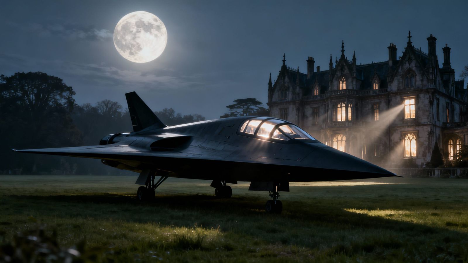 Hypersonic Starship at Gothic Mansion Under Full Moon