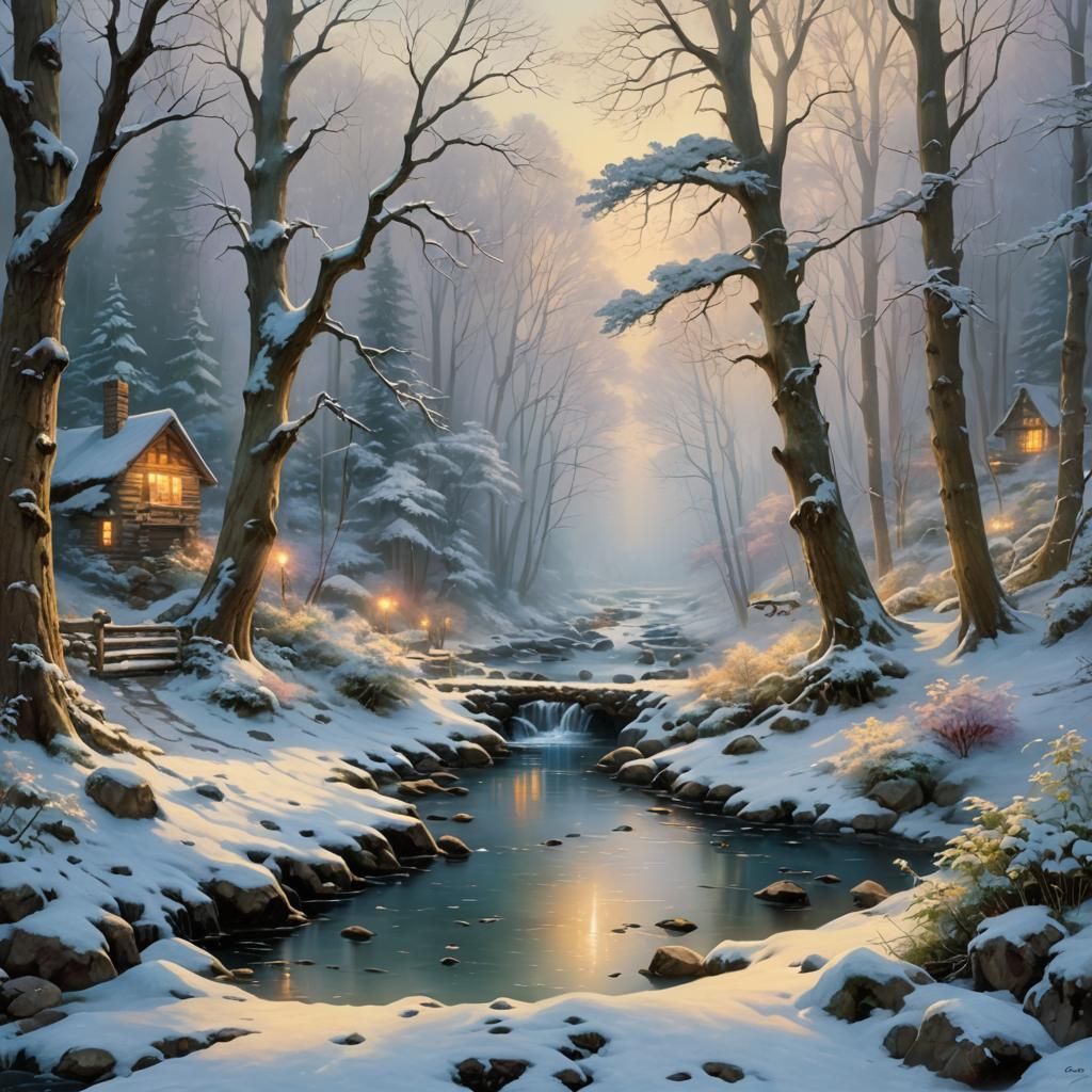Ethereal Snowy Forest Creek in Kinkade Style