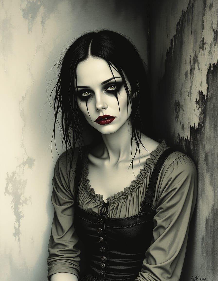 Melancholic Woman in Eerie Setting: Avant-Garde Art