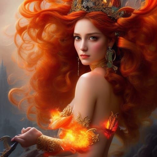 Fire Fairy Battles Monster in Digital Art