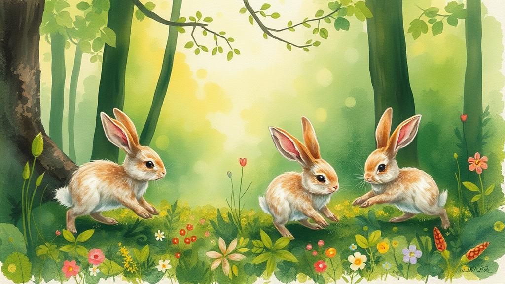 Whimsical Bunnies in Verdant Forest as Mixed Media Art