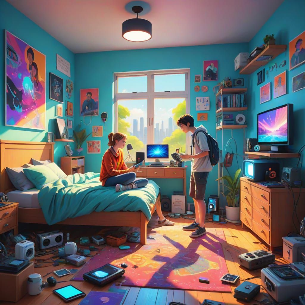 Vibrant Bedroom Scene with Gadgets in Digital Art Style