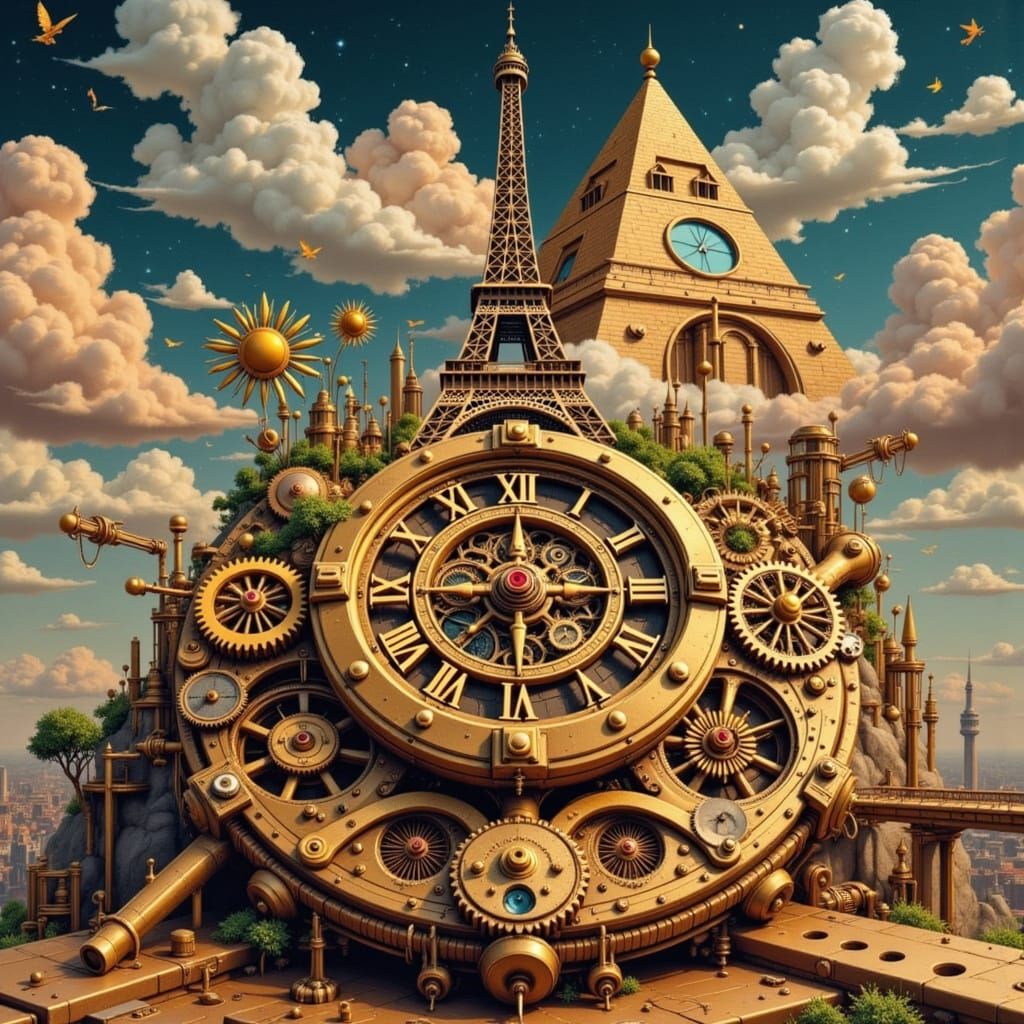 Eiffel Tower Pyramid Golden Watch in Syd Mead Style