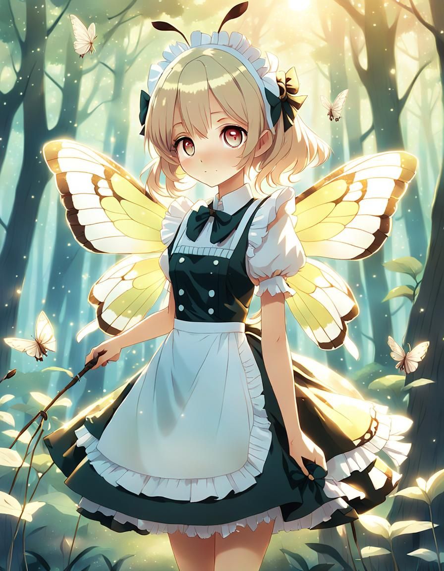 Anime Moth Girl in Forest Glade