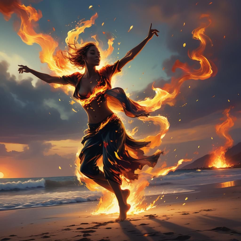 Figure Dancing Over Flames in Digital Art