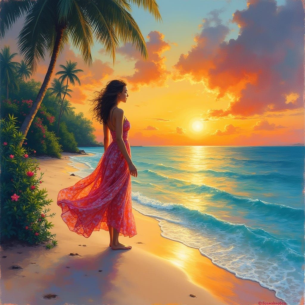 Woman on Beach in Gouache Style