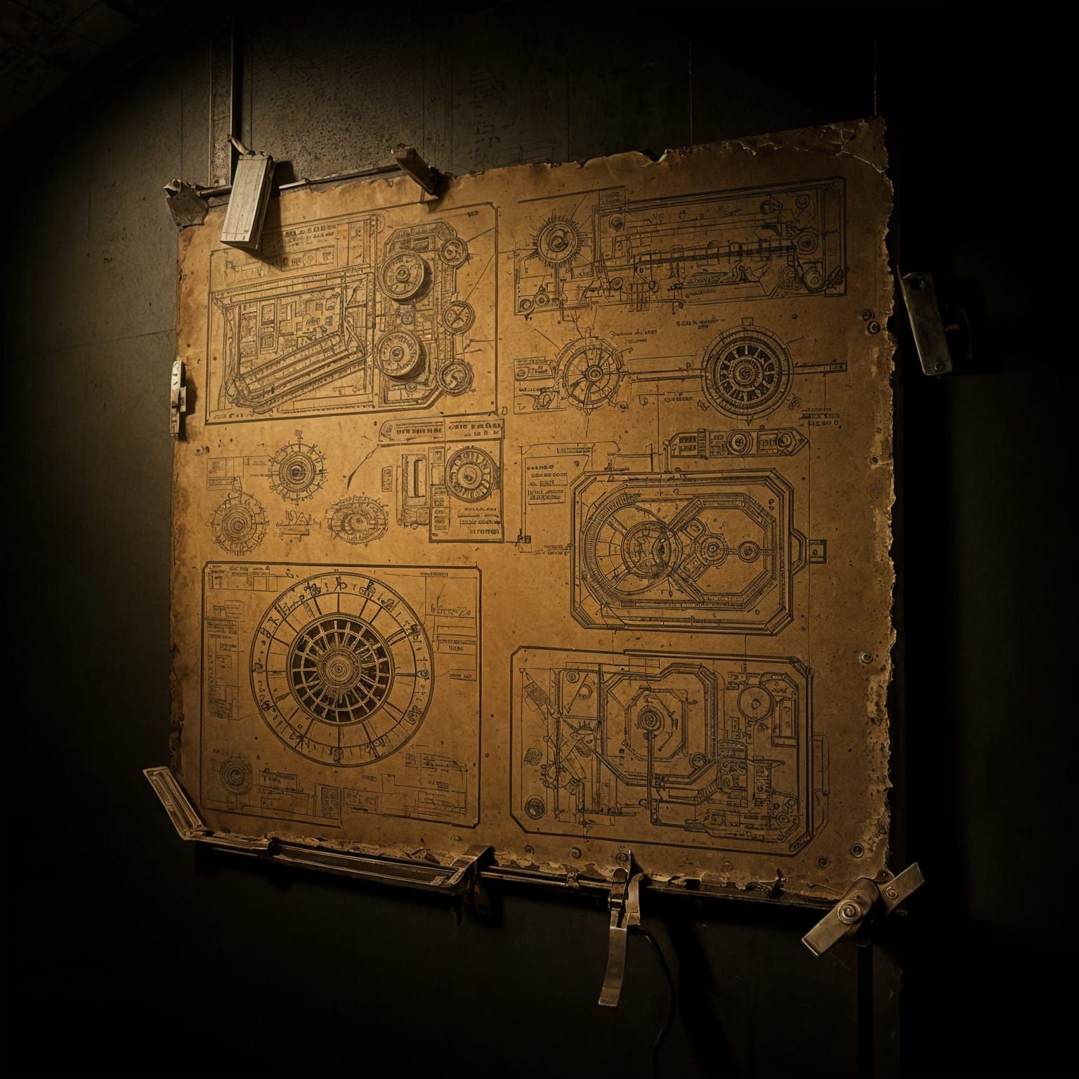 Dystopian Office Wallboard with Industrial Schematics