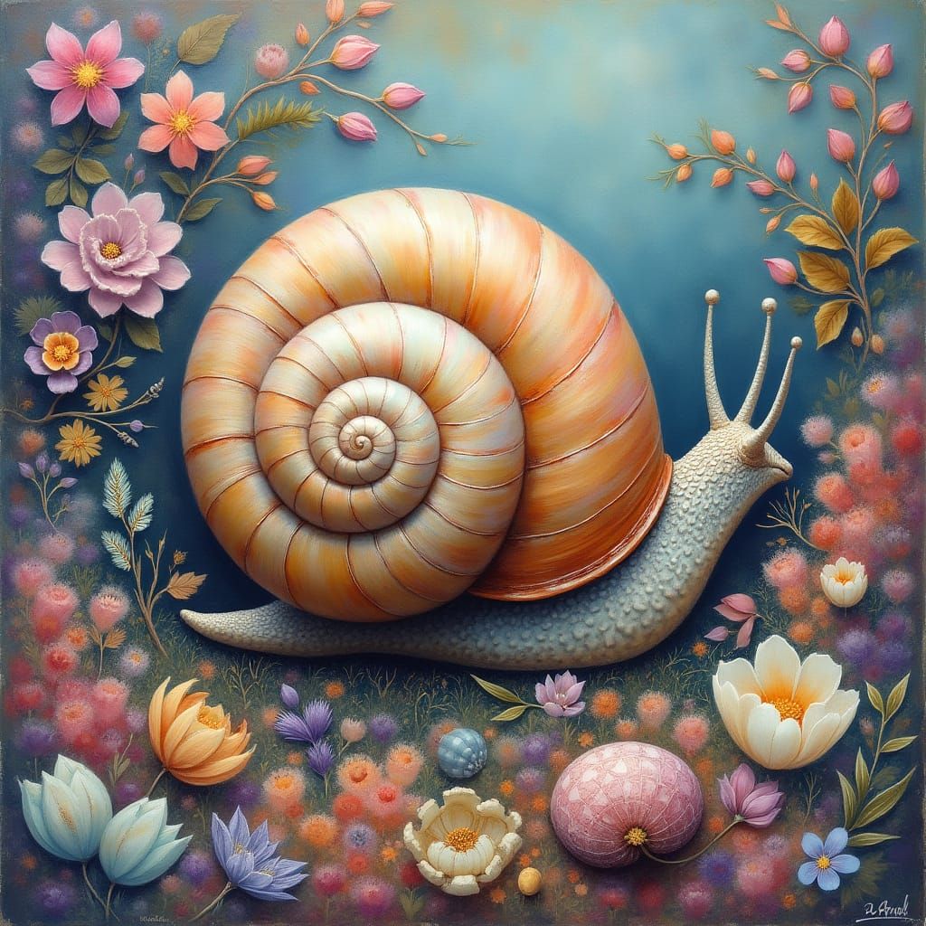 Surreal Oil Painting of Giant Snail in Lush Floral Tapestry