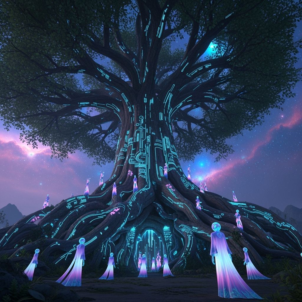 Ancient Bioluminescent Tree Reaching Nebula Sky
