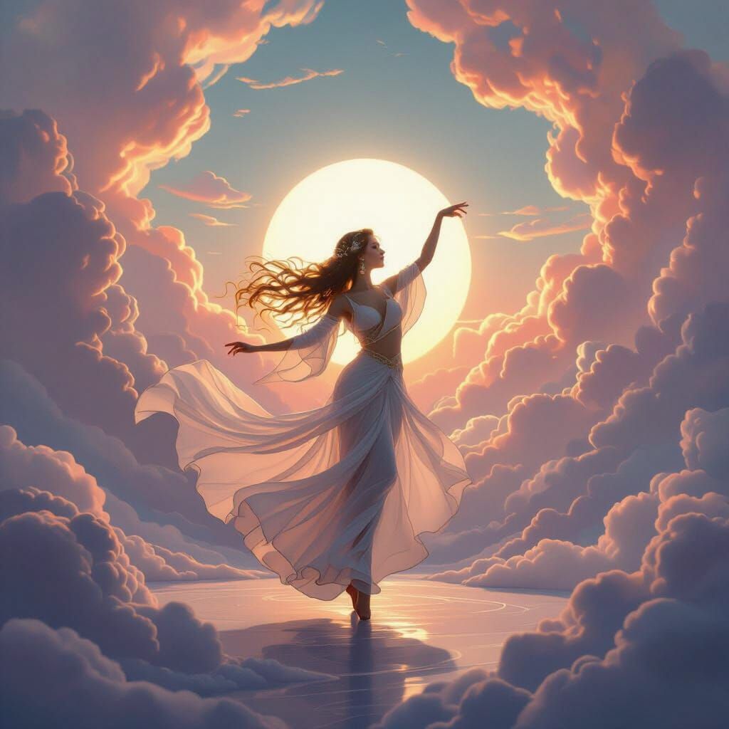 Magical Dancer Pirouettes Gracefully Among Ethereal Clouds