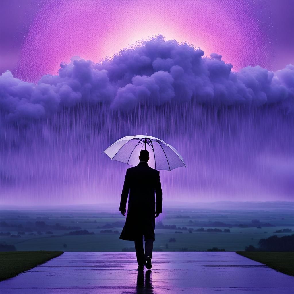 Figure in Purple Rain at Twilight