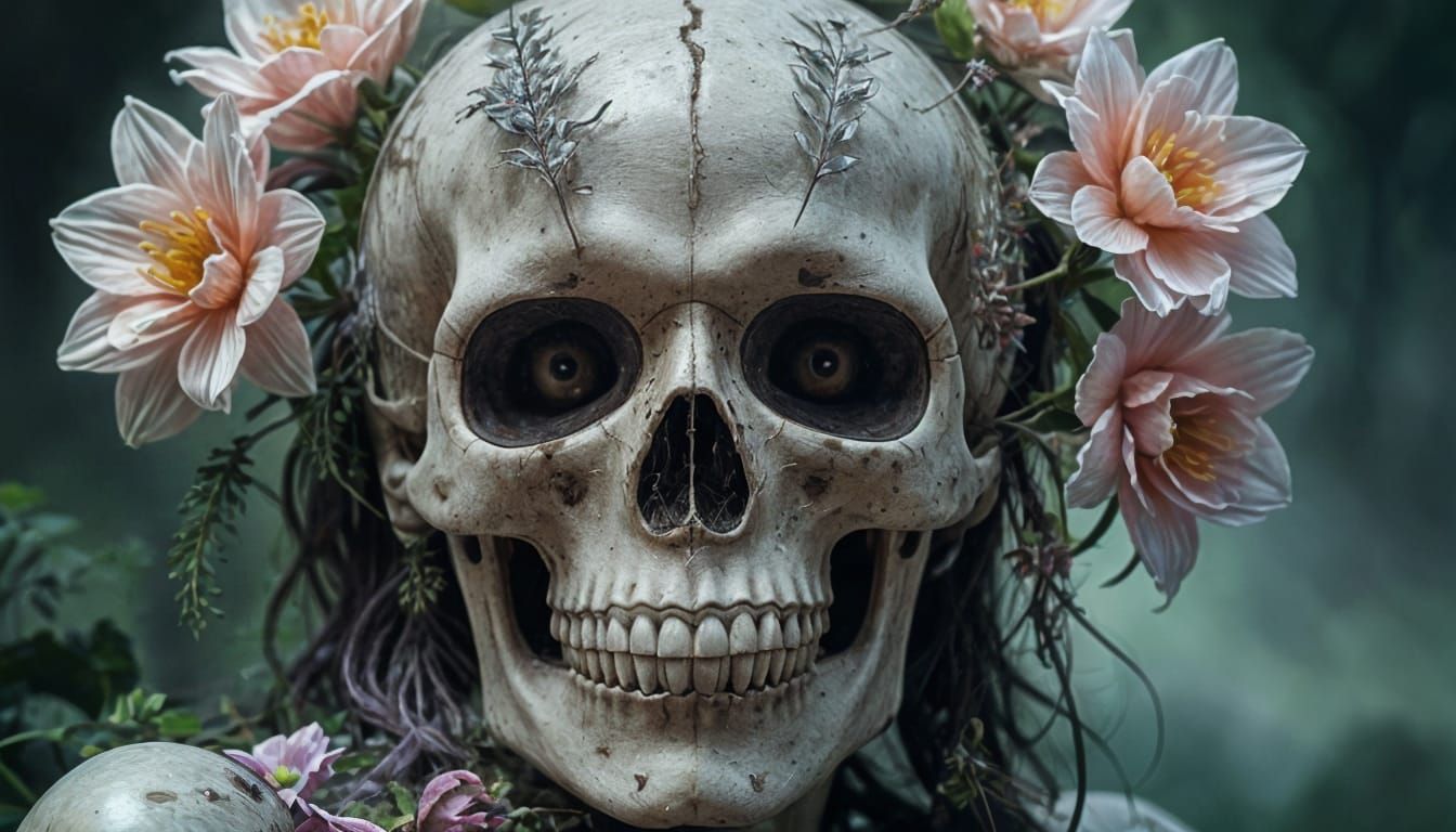 Flower Blooms from Skull in Mystic Grove, Fantasy Art