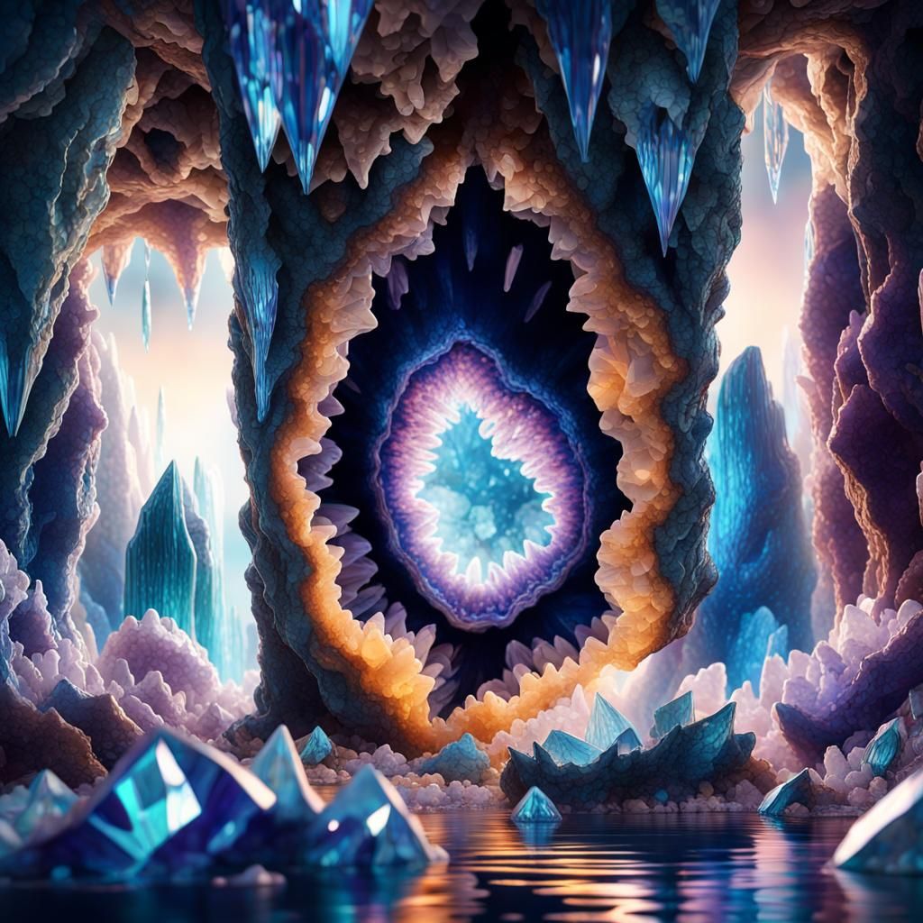 nside a crystal Cave like Geode are very beautiful crystalline shapes carved from crystals and geodes, fractal, refracti...