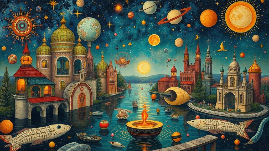 Psychedelic Floating City in Hieronymus Bosch Style