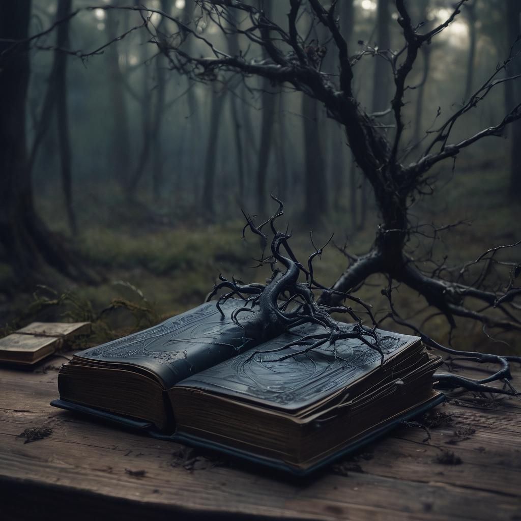 Leather Book in Misty Forest, Surrealist Style