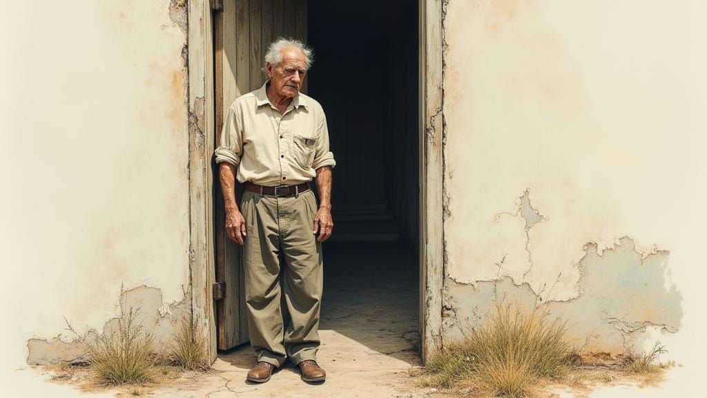 Sad Old Man at Doorway in Colour Pencil Style