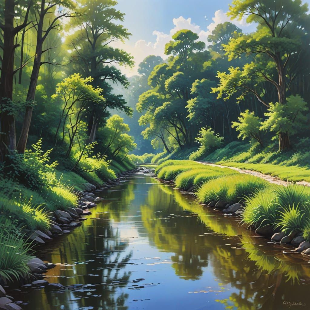 Scenic Gouache Landscape of Five Rivers Meeting