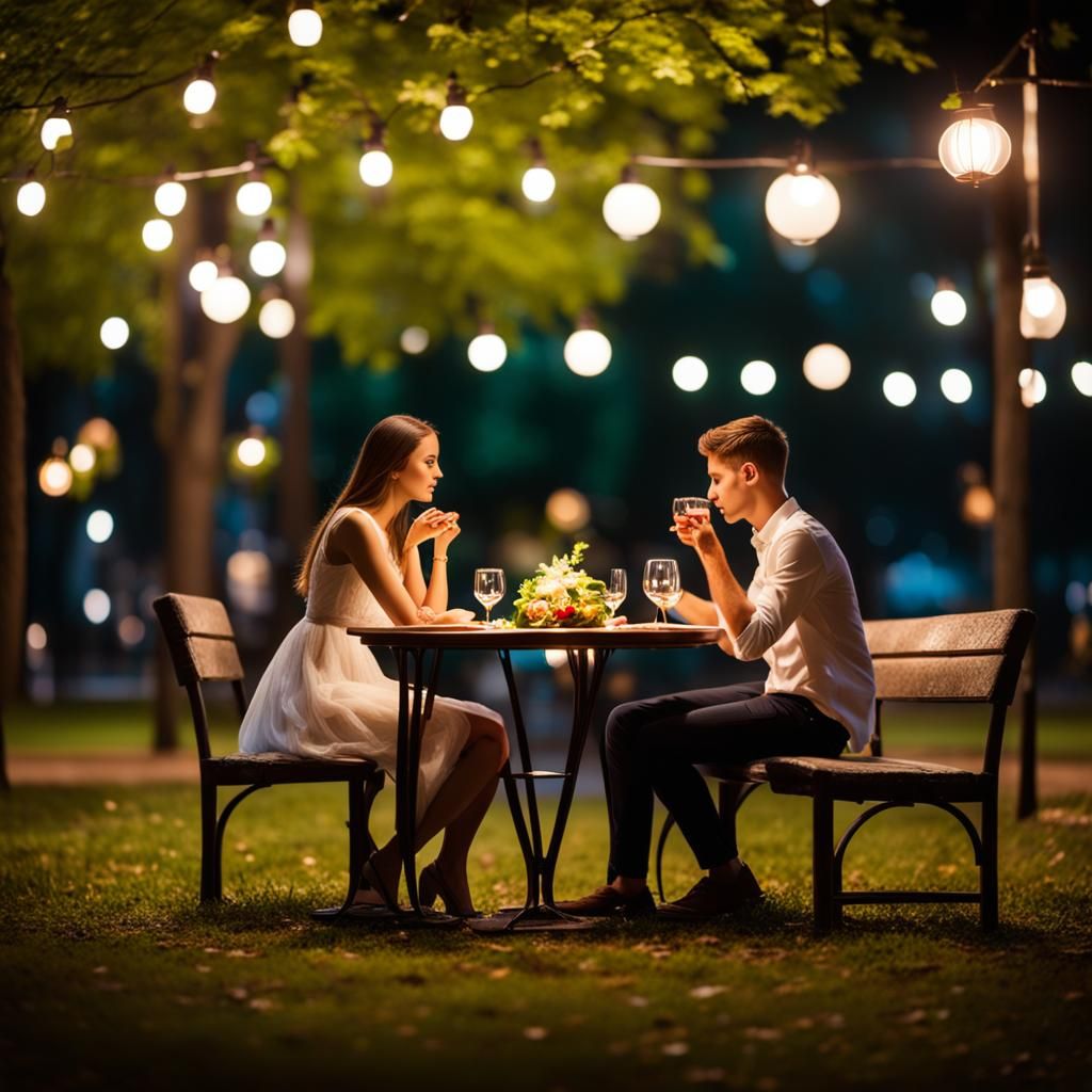 Romantic Picnic: Young Couple's Nighttime Dinner
