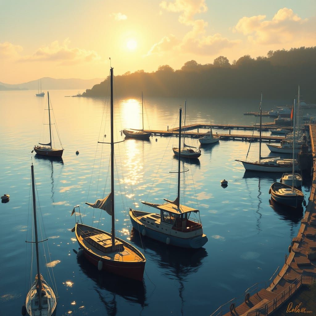 Serene Harbor at Dawn in Impressionistic Style