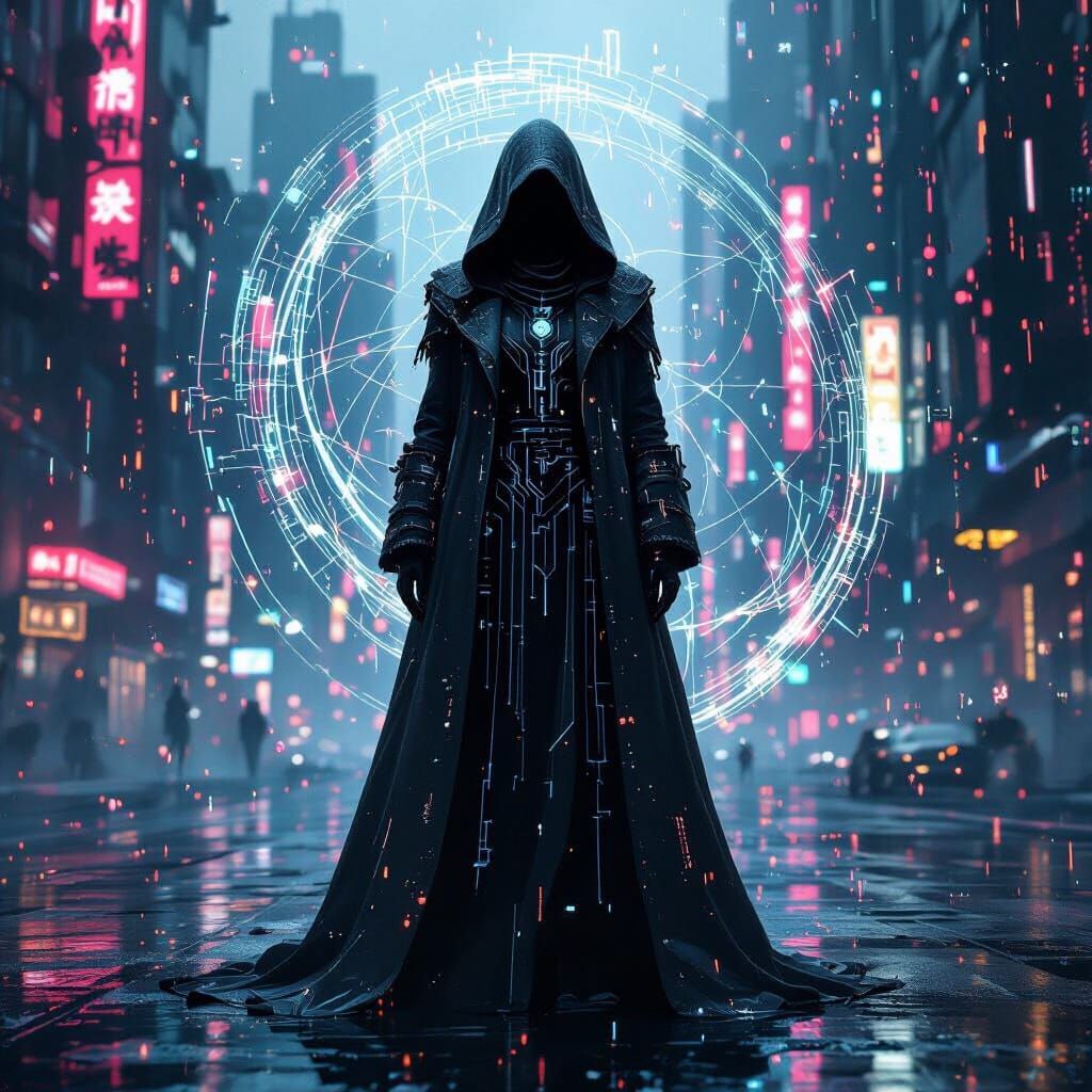 Cyberpunk Goddess of Ice and Fire in Cityscape